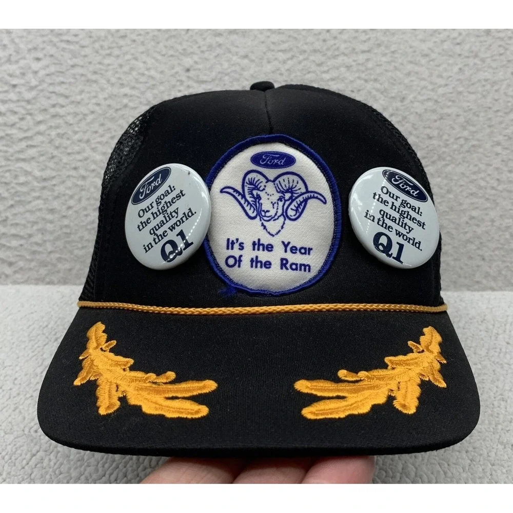 VTG‎ Otto Ford Trucker Hat Mens Snapback Gold Leaf Rope Ram Patch Buttons Pins